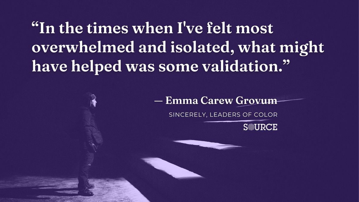 A quote from the author, Emma Carew Grovum, that says, “In the times when I've felt most overwhelmed and isolated, what might have helped was some validation.”