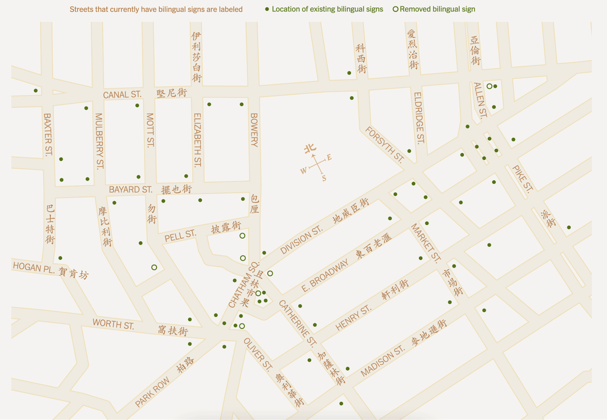 A screenshot shows part of a mapping project about historic street signs in New York City's Chinatown, labeled in English and Chinese.