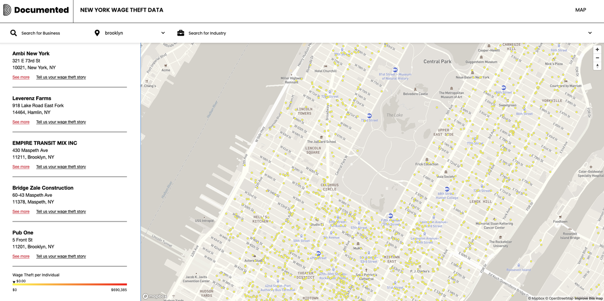 A screenshot of the map interface at the Wage Theft Monitor project, where people can search for businesses that have stolen money from their workers.