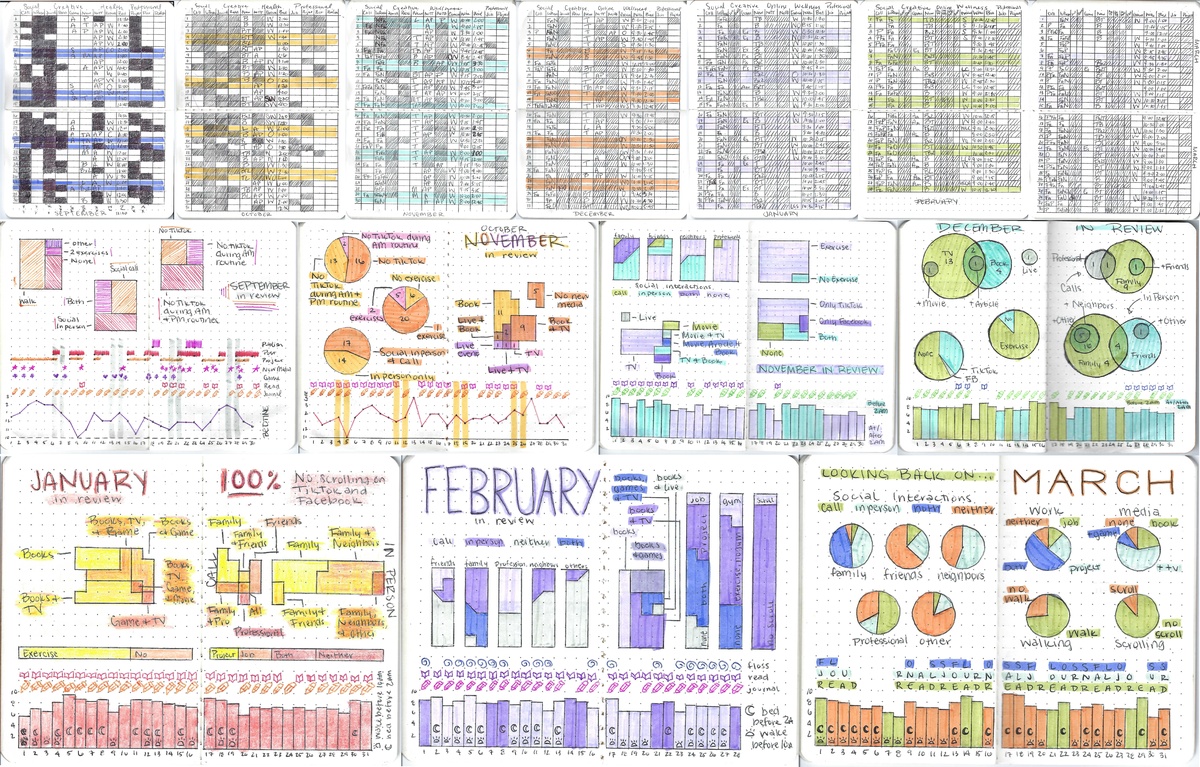 A collage of Emilia Ruzicka's hand-drawn data collection efforts, including grids, charts and graphs all in different colors to coordinate across different months.