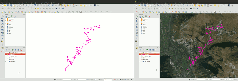 GPS data imported into QGIS, side by side