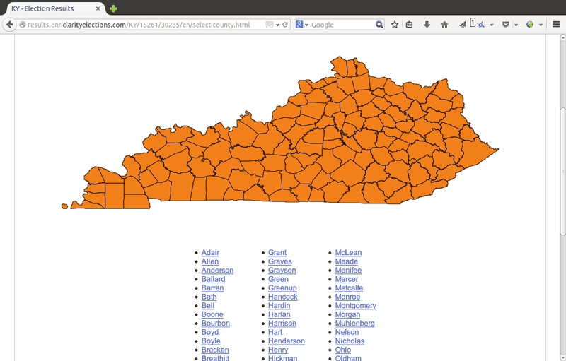 A page that lists counties with available results